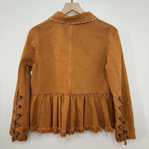 Free People Willow Denim Jacket XS Rust/Brown Lace Up Cuffs Boho Western Forest - Picture 7 of 10